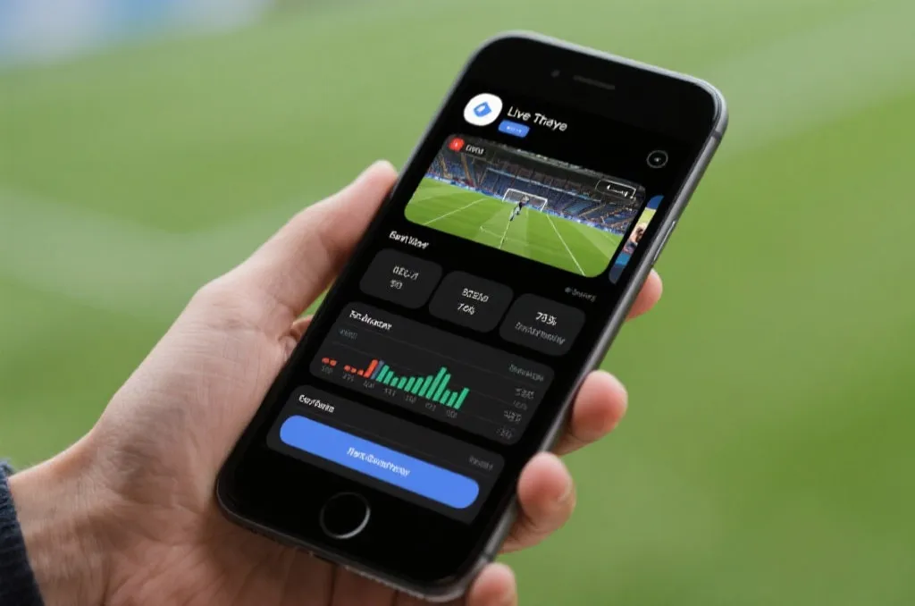A premium smartphone displaying a sleek sports live streaming app with smooth video and real-time match statistics layout