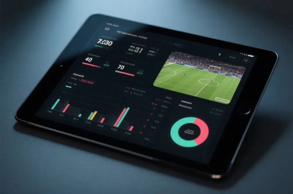 A clean modern tablet displaying interactive real-time sports statistics and live game action with minimalist dark UI