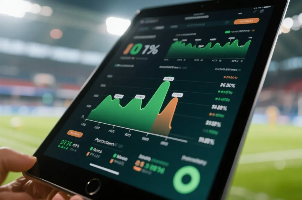 A close-up of a tablet screen displaying live soccer match data visualizations, real-time pressure graphs, and possession percentages, blurred stadium background